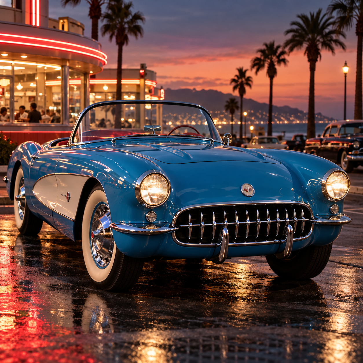 A sky-blue 1950s Corvette convertible with whitewall tires parked on a wet street at sunset, in front of a neon-lit diner and palm trees.